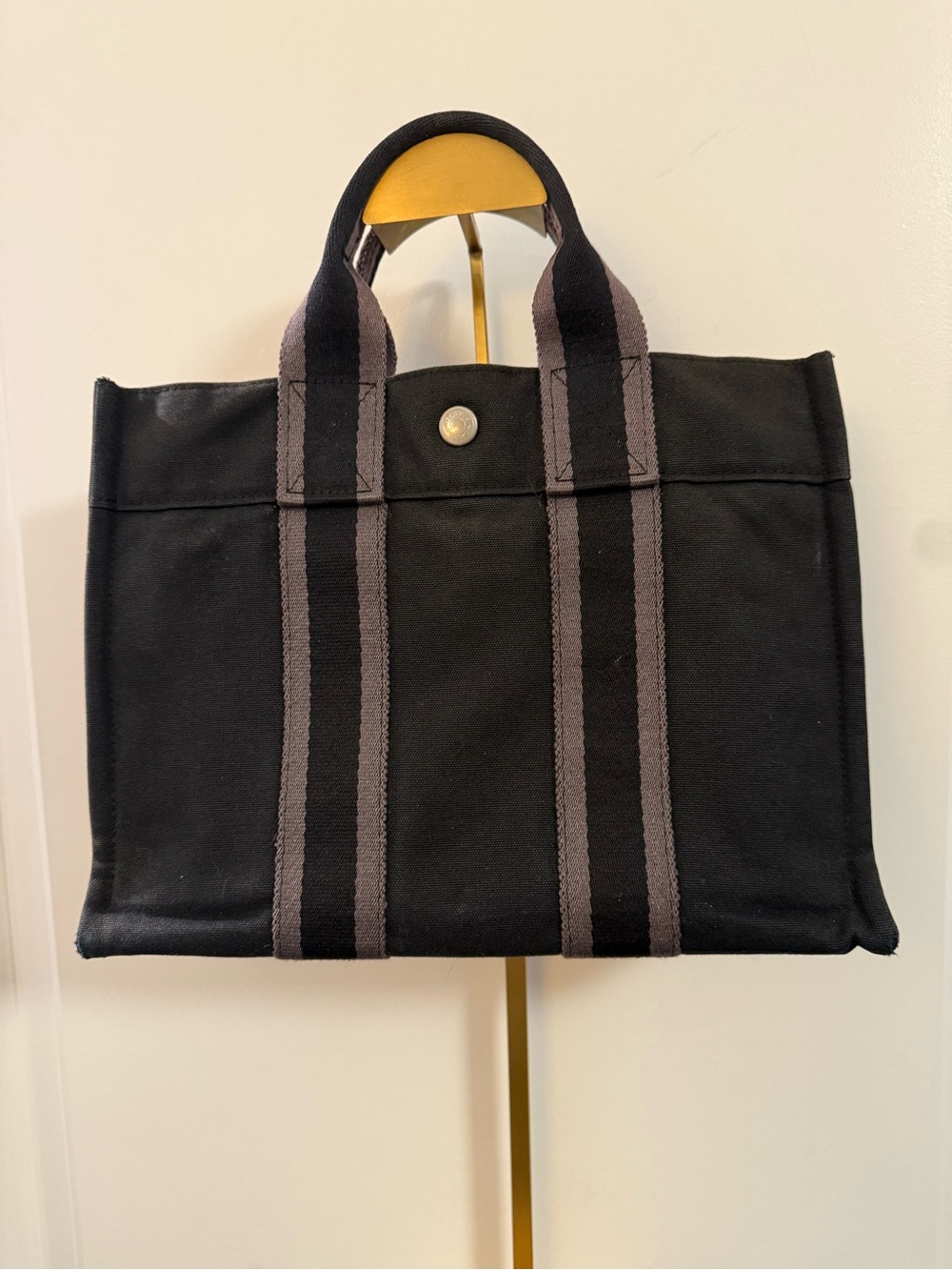 Hermes Black Fourre Tout PM Canvas Briefcase Tote with Contrasting Gray Straps
